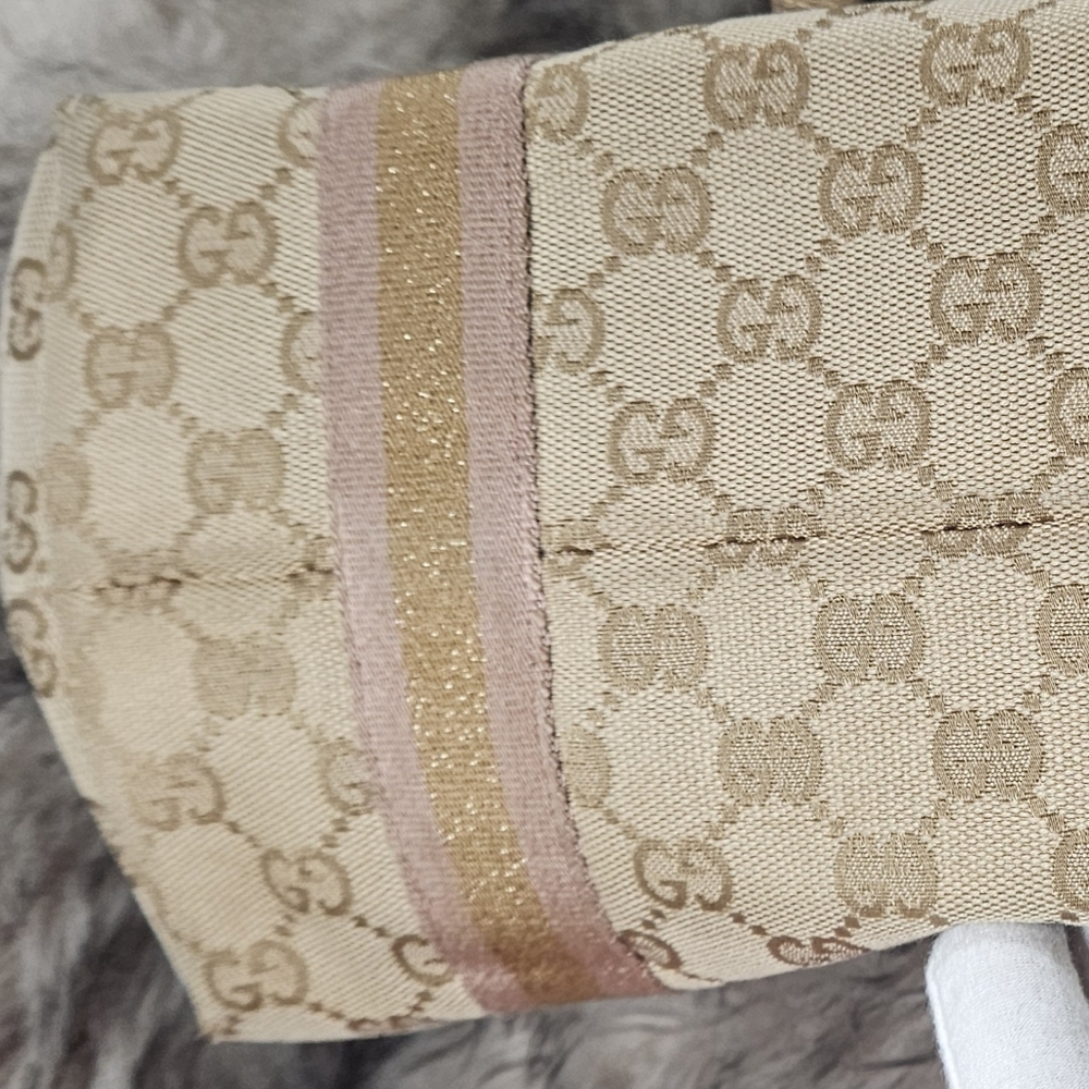 GUCCI  Monogram Charm Small Tote Pink and Tan with Metalic Gold Straps - Picture 6 of 12